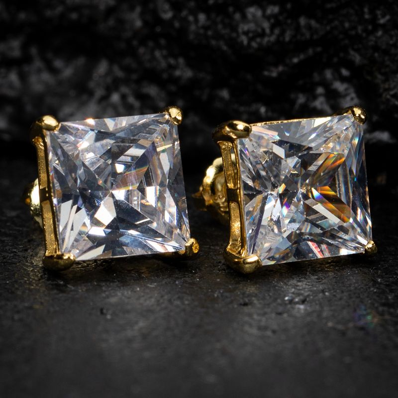 Large Square Princess Cut Yellow Gold Cz Stud Screw Back Earrings