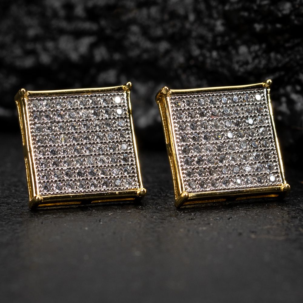 Large Square Flat Screen Men&#39;s Hip Hop Two Tone Yellow Gold Sterling Silver Earrings