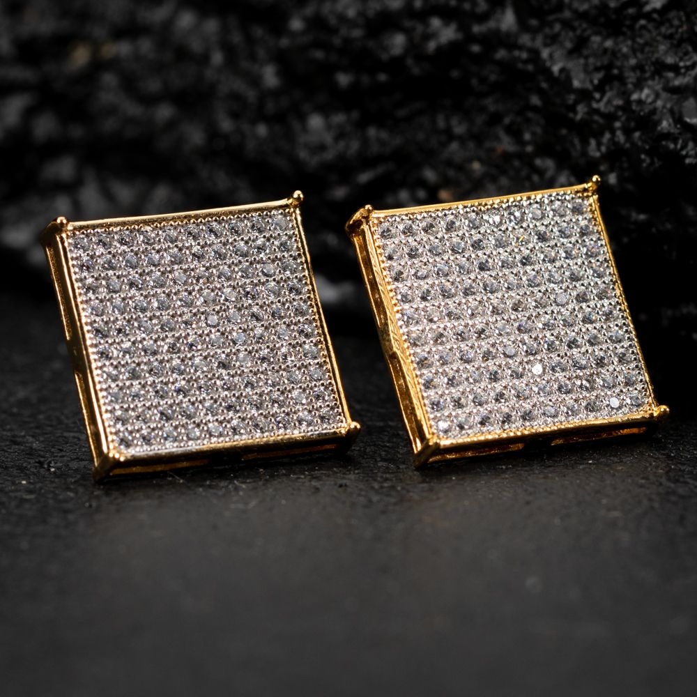 Large Square Flat Screen Men&#39;s Hip Hop Two Tone Yellow Gold Sterling Silver Earrings