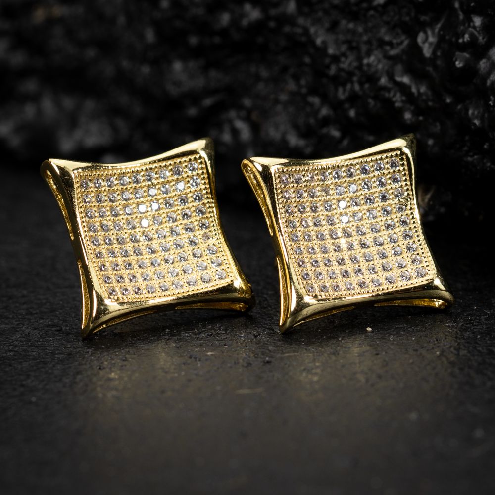 Yellow Gold​ Large Iced Kite Square Stud Screw Back Men&#39;s Earrings