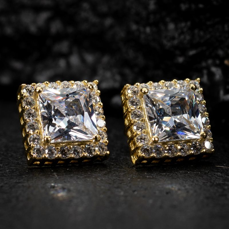 Halo Square Princess Cut Gold Sterling Silver Stud Screw Back Earrings