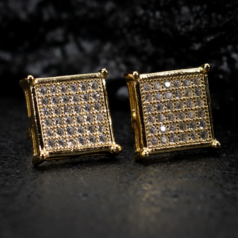 Square Flat Screen Hip Hop Yellow Gold Sterling Silver Men&#39;s Screw Back Earrings