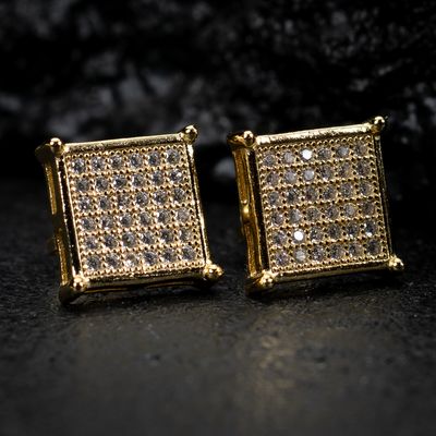 Square Flat Screen Hip Hop Yellow Gold Sterling Silver Men&#39;s Screw Back Earrings