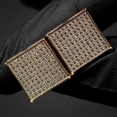 Large Yellow Gold Sterling Silver Men&#39;s Big Square Flat Screen Hip Hop Screw Back Earrings