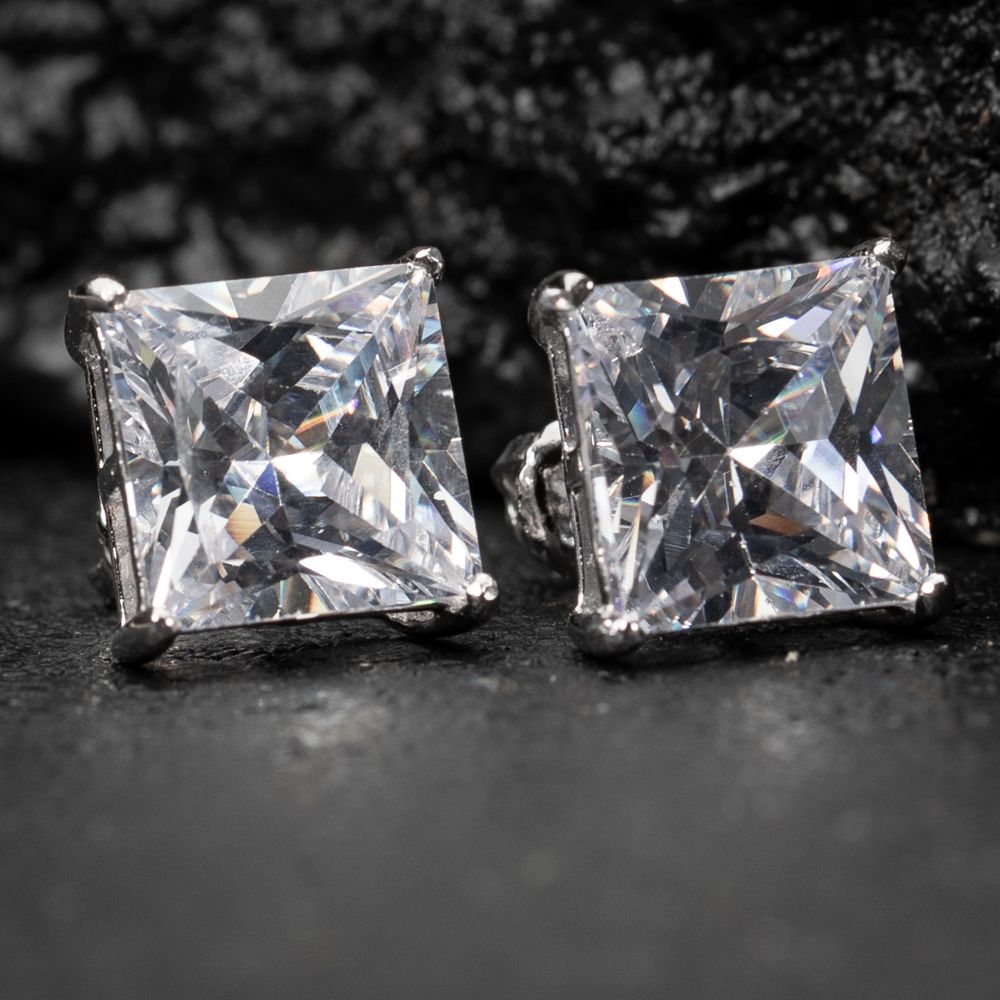 Big 925 Sterling Silver Princess Cut Cz Screw Back Large Stud Earrings