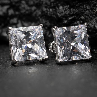 Big 925 Sterling Silver Princess Cut Cz Screw Back Large Stud Earrings