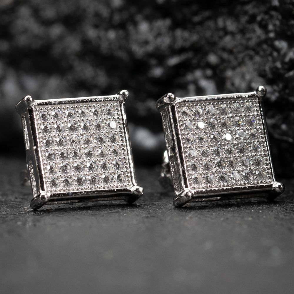 Men&#39;s Square Hip Hop Micro Pave Sterling Silver Iced CZ Screw Back Studs Earrings