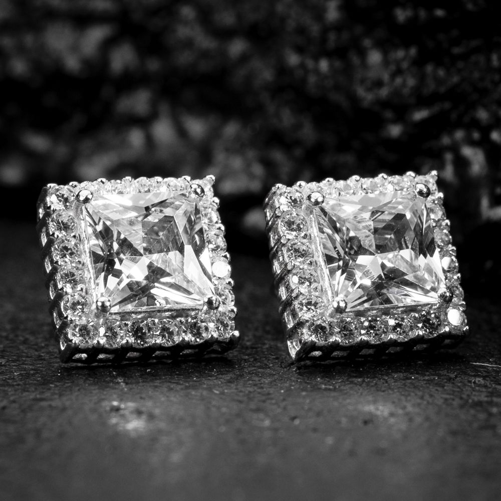 White Gold 925 Sterling Silver​ Square Princess Cut Halo  Stud Screw Back Earrings