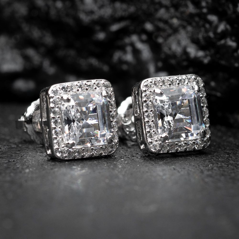 Mens Asscher Cut Square Sterling Silver Iced Cz Hip Hop Stud Earrings