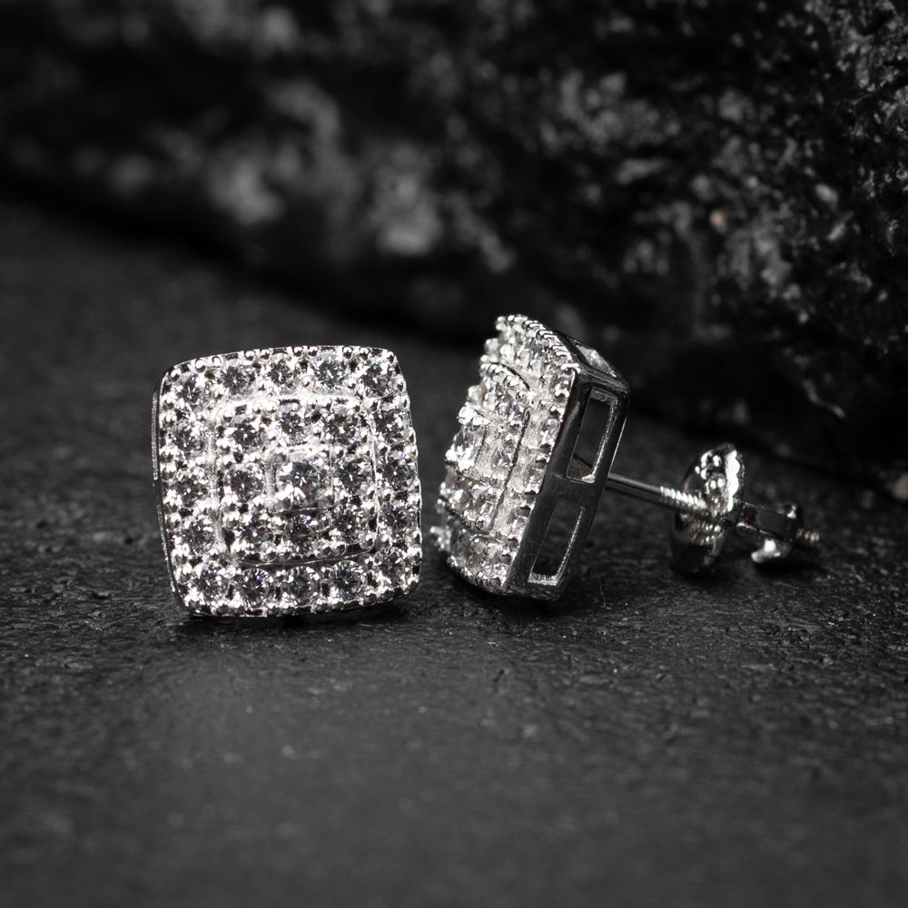 Men&#39;s sterling silver square flower cluster stud earrings