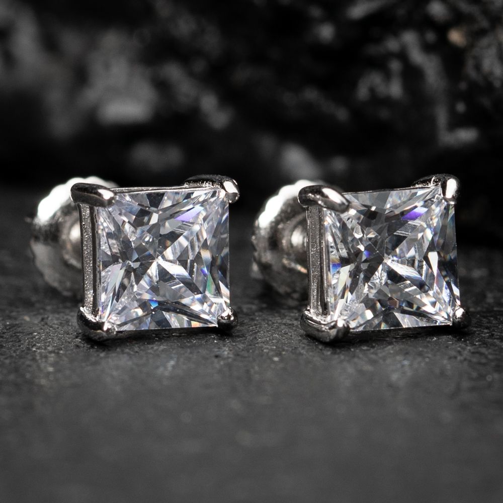 Small Square Princess Cut 925 Sterling Silver 6mm Unisex Screw Back Stud Earrings