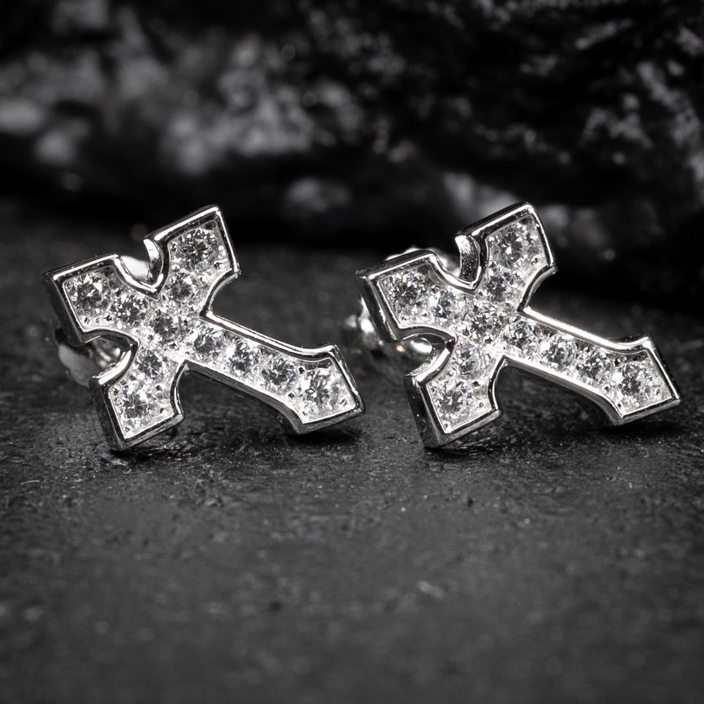 Channel Set Iced Cz 14K White Gold Sterling Silver Cross Screw Back Stud Earrings