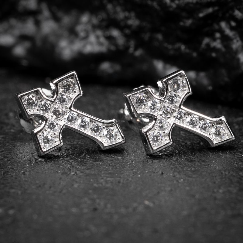 Channel Set Iced Cz 14K White Gold Sterling Silver Cross Screw Back Post Stud Earrings