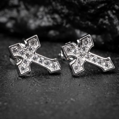 Channel Set Iced Cz 14K White Gold Sterling Silver Cross Screw Back Stud Earrings