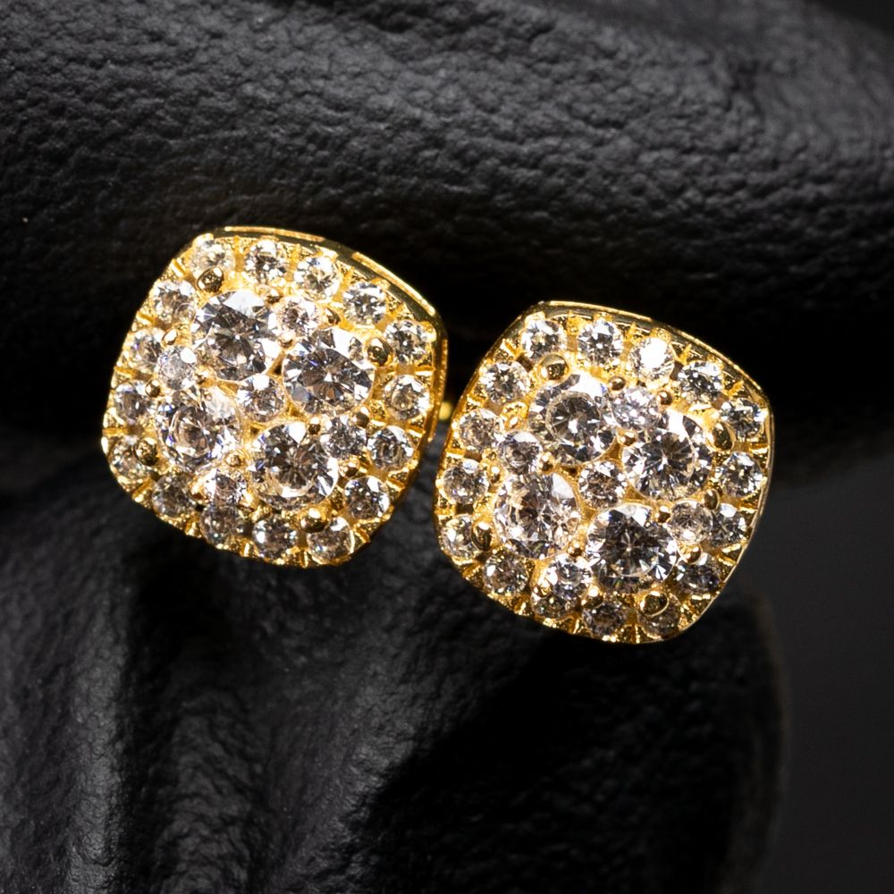 Small 3D Square Cluster 14K Yellow Gold 925 Sterling Silver Cube Shape Stud Earrings