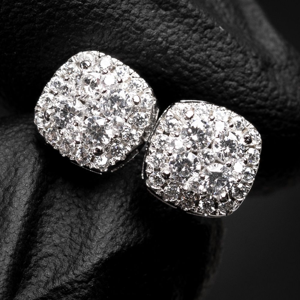 Small White Gold 925 Sterling Silver 3D Square Cube Shape Cluster Stud Earrings