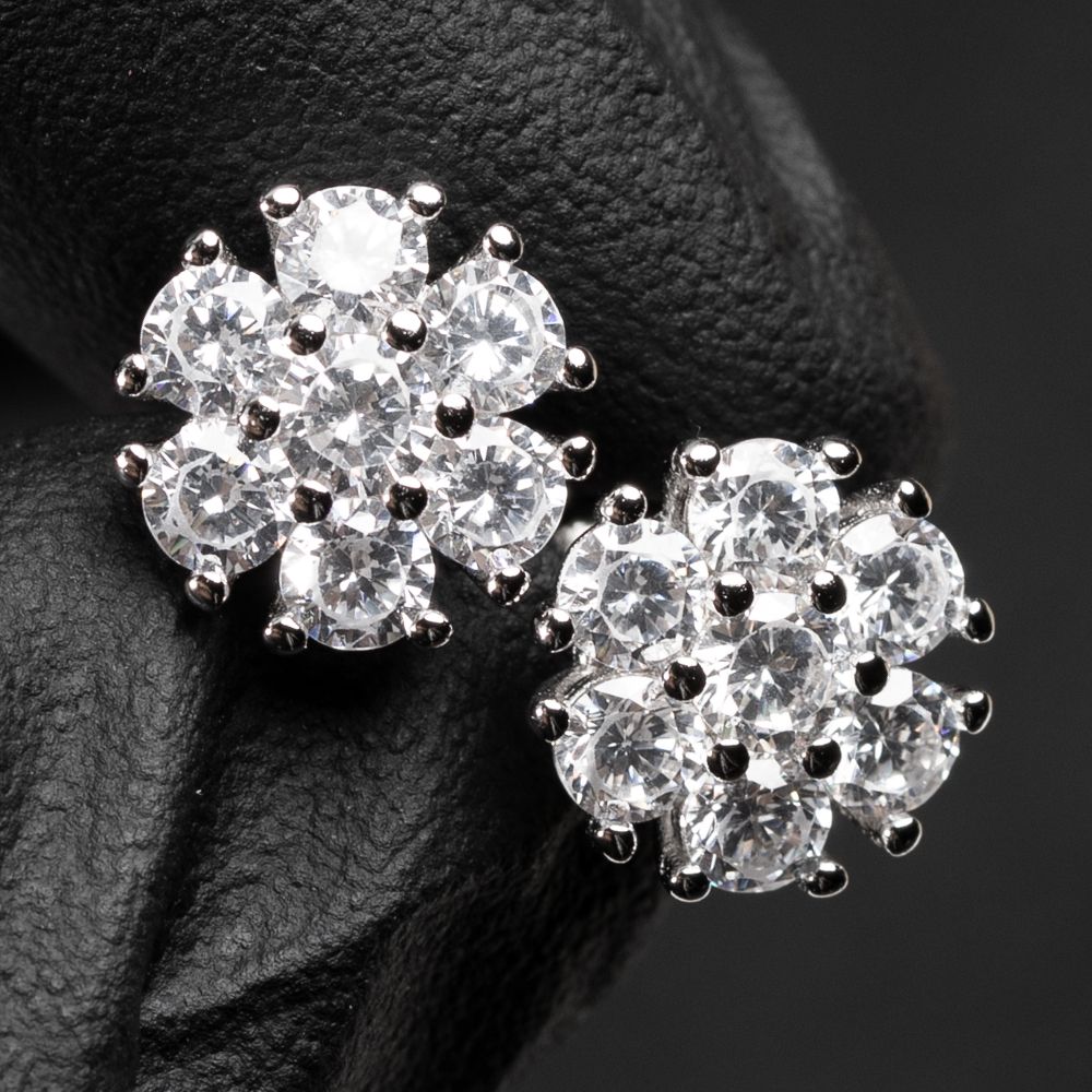 Flower Cluster​ White Gold Plated 925 Sterling Silver Stud Screw Back Earrings