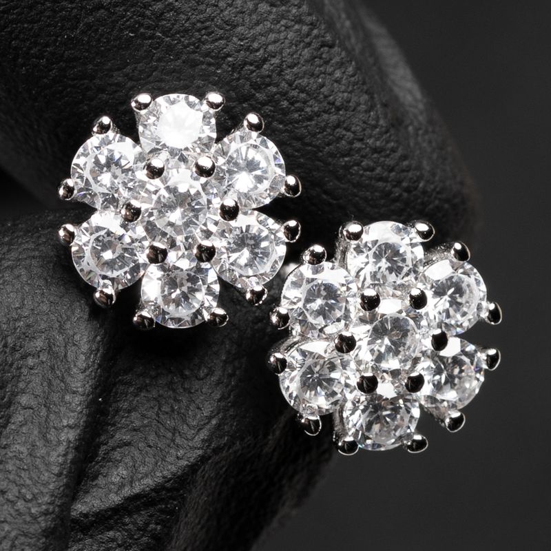 Flower Cluster​ White Gold Plated 925 Sterling Silver Screw Back Post Stud Earrings