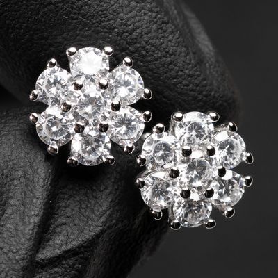 Flower Cluster​ White Gold Plated 925 Sterling Silver Stud Screw Back Earrings
