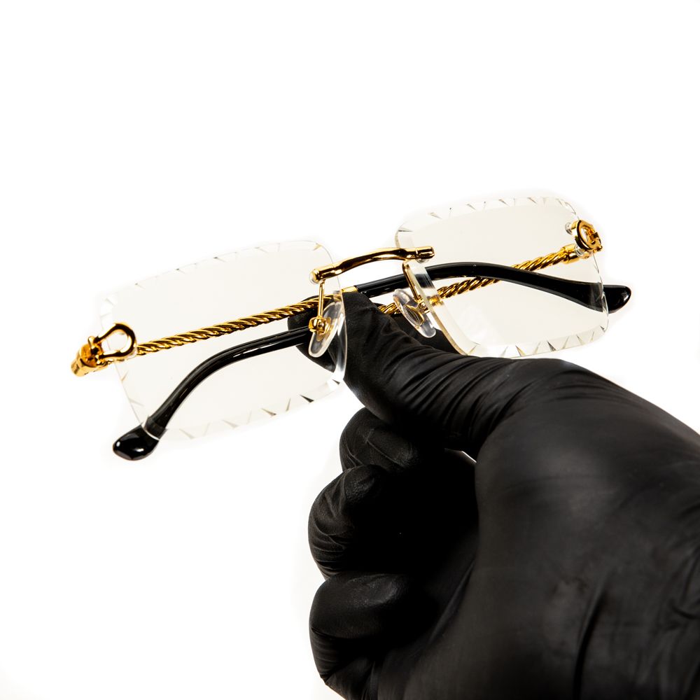 Luxury Gold Frame Rimless Square Gem Cut Clear Lens Glasses