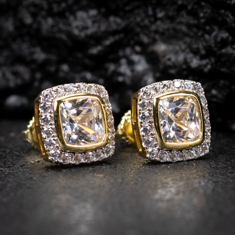 Two Tone Yellow Gold Sterling Silver Square Halo Cushion Cut Cz Stud Earrings