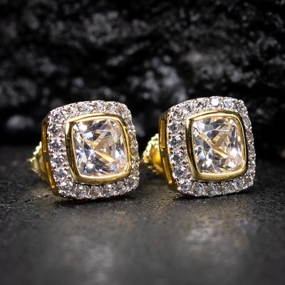 Two Tone Yellow Gold Sterling Silver Square Halo Cushion Cut Cz Stud Earrings
