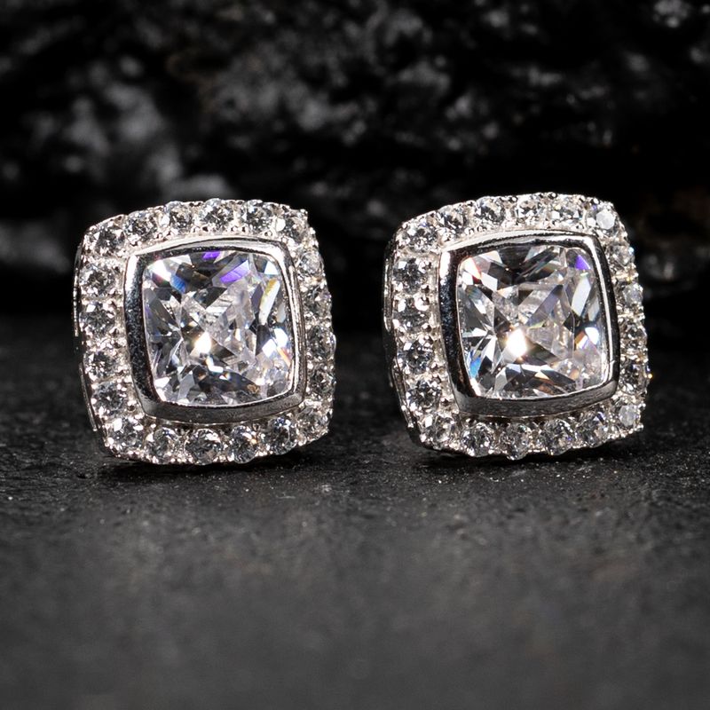 Iced Cushion Cut Cz Square Halo Sterling Silver Stud Earrings