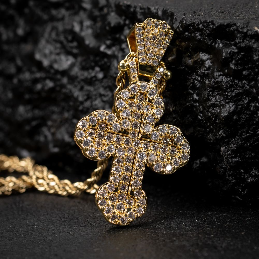 Honey Comb Set Cz​ Men&#39;s 14K Yellow Gold Hip Hop Cross Pendant Chain Necklace