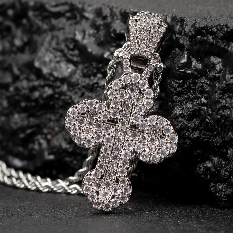 Honey Comb Set Cz​ Men&#39;s 14K White Gold Hip Hop Cross Pendant Chain Necklace