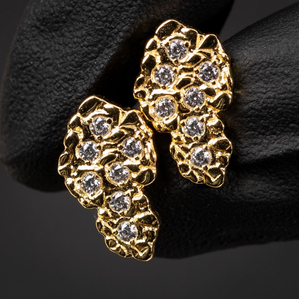 Men&#39;s Hip Hop Yellow Gold 925 Sterling Silver Honey Comb Set Cz 90&#39;s Retro Nugget Stud Earrings