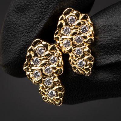Men&#39;s Hip Hop Yellow Gold 925 Sterling Silver Honey Comb Set Cz 90&#39;s Retro Nugget Stud Earrings