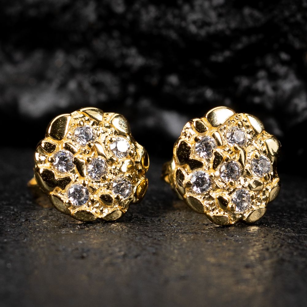 Men&#39;s Round Iced Yellow Gold 925 Sterling Silver Circle Nugget Hip Hop Stud Earrings