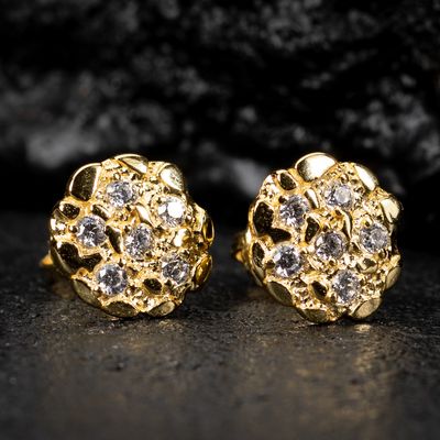 Men&#39;s Round Iced Yellow Gold 925 Sterling Silver Circle Nugget Hip Hop Stud Earrings