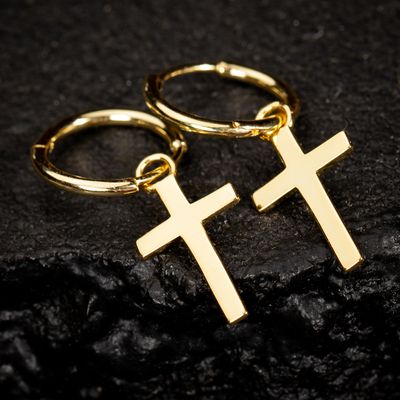 Men&#39;s Yellow Gold Solid Dangle Cross Huggie Hanging Hoop Earrings