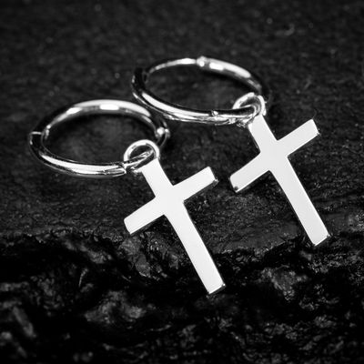 Men&#39;s White Gold Solid Dangle Cross Huggie Hanging Hoop Earrings