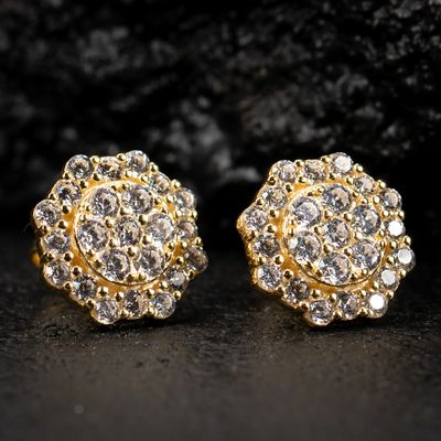 Flower Cluster​ Yellow Gold 925 Sterling Silver Iced Cz Stud Screw Back Earrings
