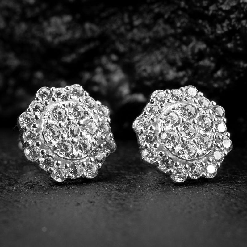 Flower Cluster​ White Gold 925 Sterling Silver Iced Cz Stud Screw Back Earrings