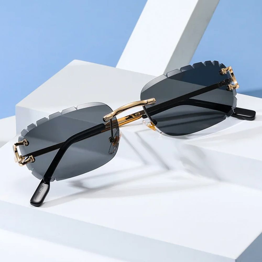 Men's Black Tint Rimless Diamond Cut Gold Frame Hip Hop Sunglasses Men's Black Tint Rimless Diamond Cut Gold Frame Hip Hop Sunglasses