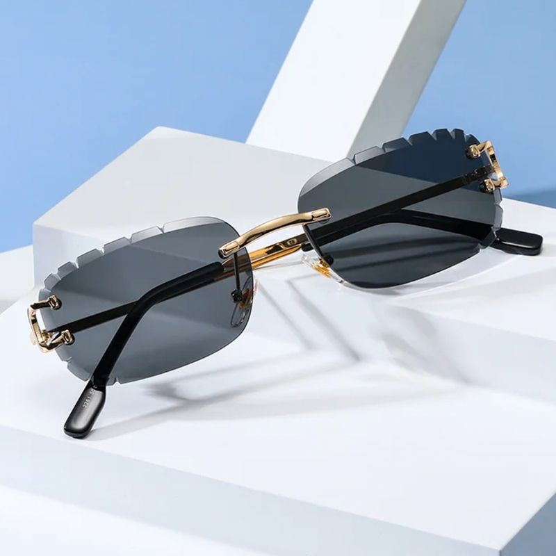 Men&#39;s Black Tint Rimless Diamond Cut Gold Frame Hip Hop Sunglasses