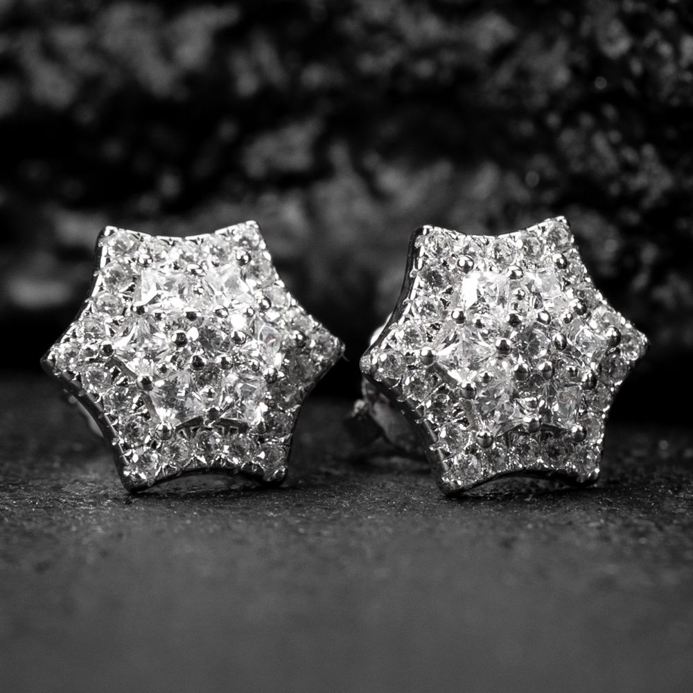 Flower Cluster Star Shaped White Gold 925 Sterling Silver Stud Screw Back Earrings