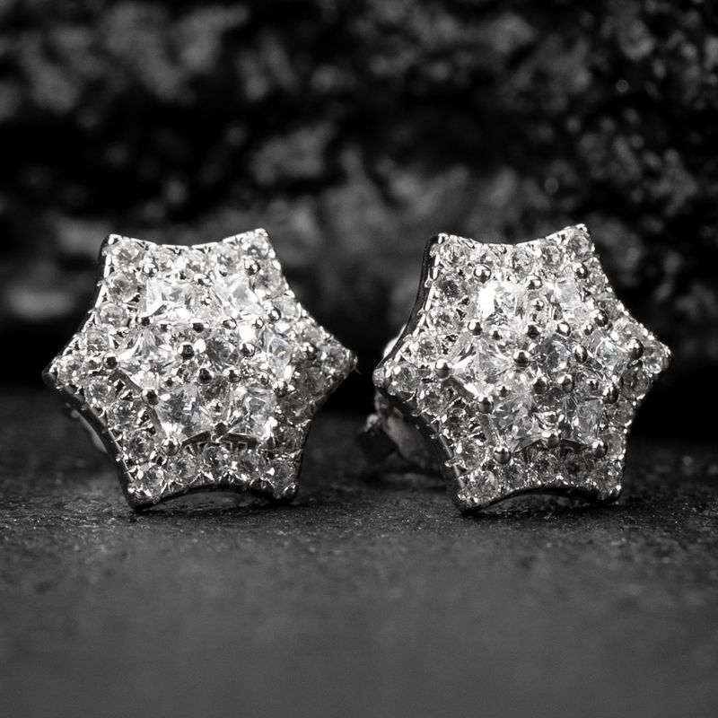 Flower Cluster Star Shaped White Gold 925 Sterling Silver Stud Screw Back Earrings