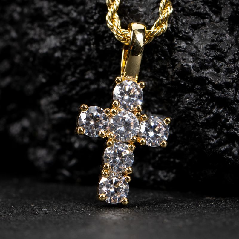 Micro Mini Elegant Gold Iced Pointer Cross Pendant Necklace