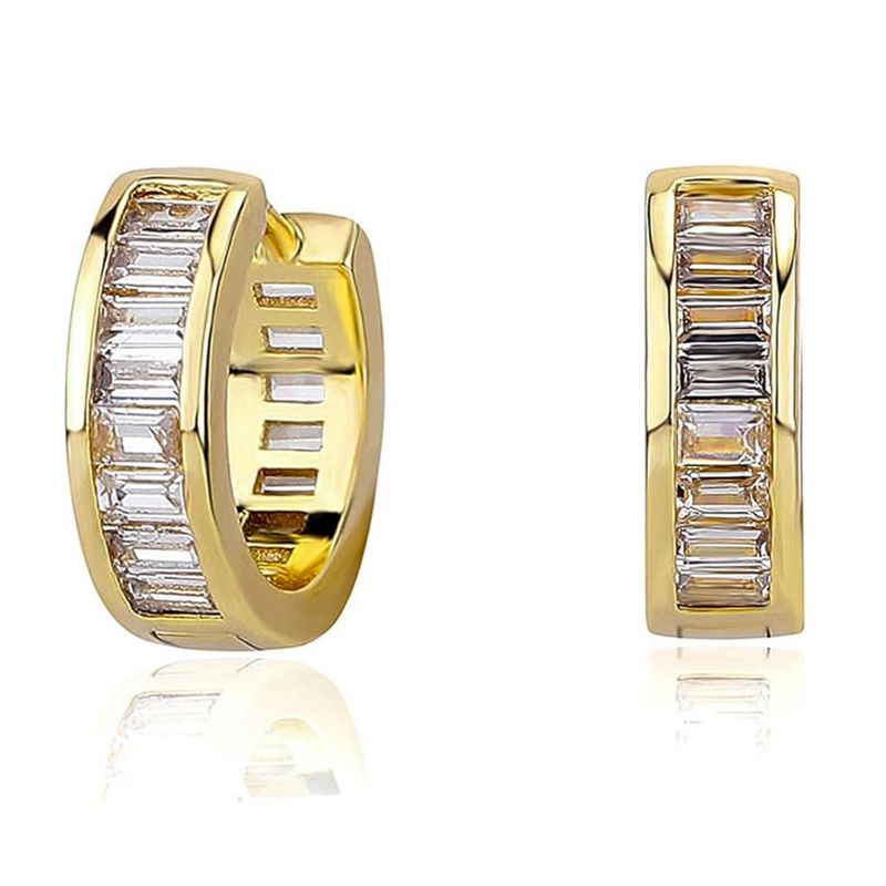 Brilliant Elegant Iced Cz Baguette Yellow Gold Plated 925 Sterling Silver  Hoop Earrings