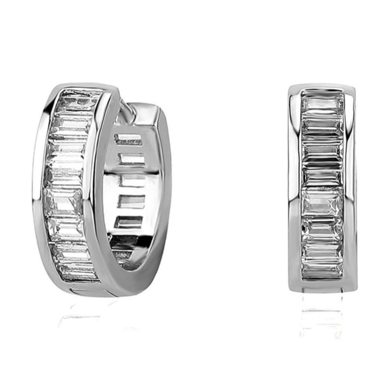 Brilliant Elegant Iced Cz Baguette White Gold Plated 925 Sterling Silver  Hoop Earrings