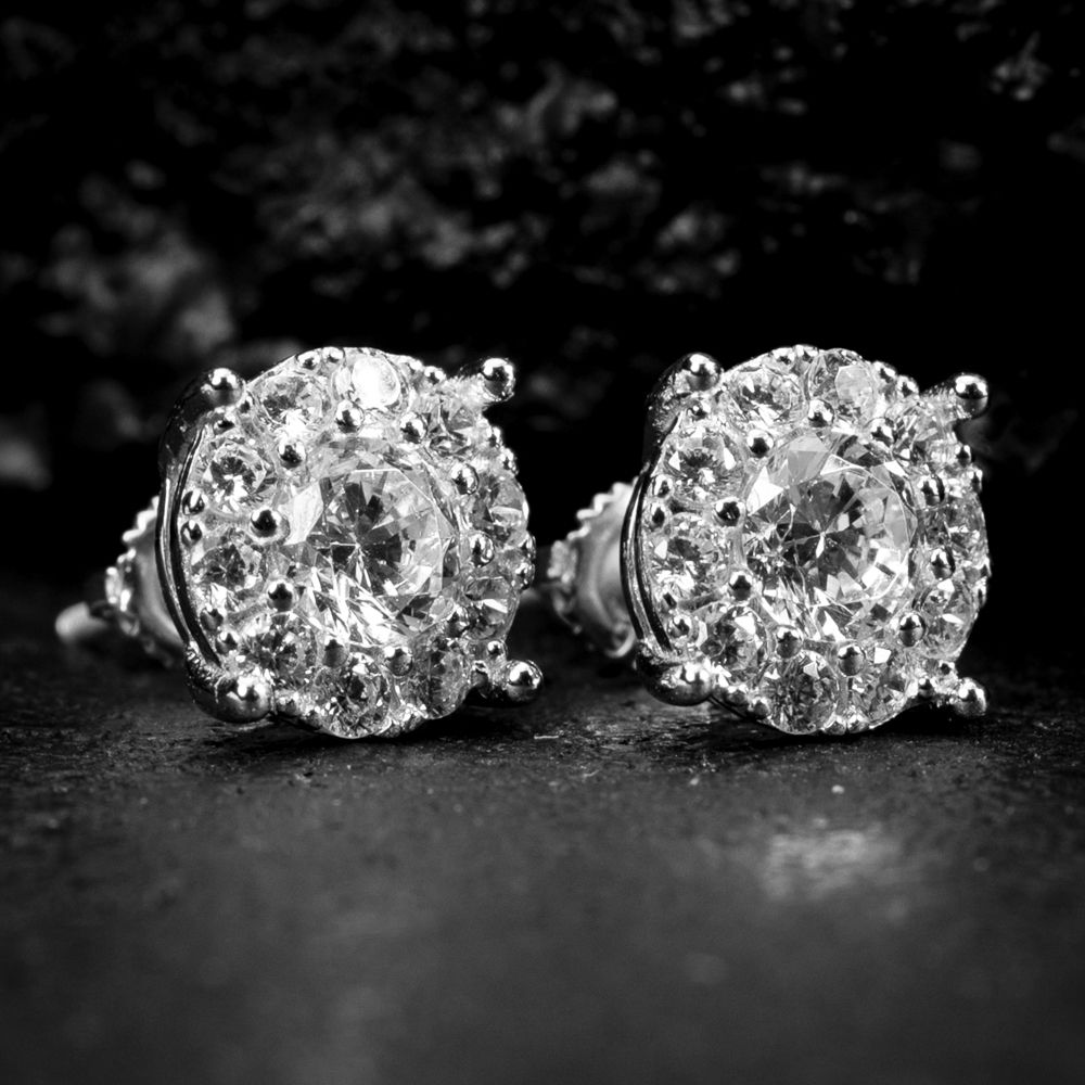 Men&#39;s Round 14K White Gold Round Iced Cz Hip Hop Flower Cluster Stud Circle Screw Back Earrings