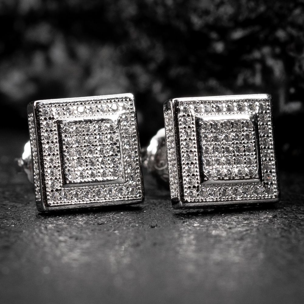 Square Halo Iced Cz Square White Gold Sterling Silver Stud Screw Back Post Hip Hop Earrings