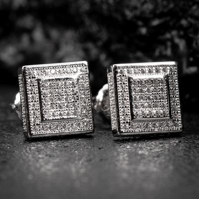Square Halo Iced Cz Square White Gold Sterling Silver Stud Screw Back Post Hip Hop Earrings