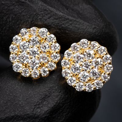 Round Flower Cluster 1.05Ct Moissanite Yellow Gold Plated 925 Sterling Silver Stud Earrings