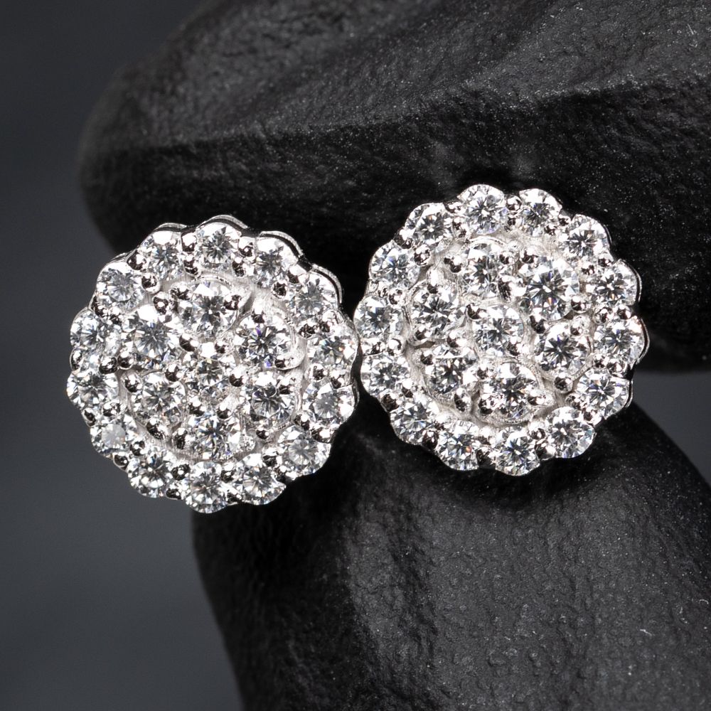 Round Flower Cluster 1.05Ct Moissanite White Gold Plated 925 Sterling Silver Stud Earrings