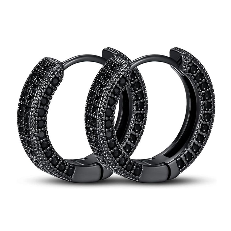 Fully Iced Black Onyx 5A Cz Cubic Zirconia Elegant Black Plated 925 Sterling Silver Huggie Hoop Earrings